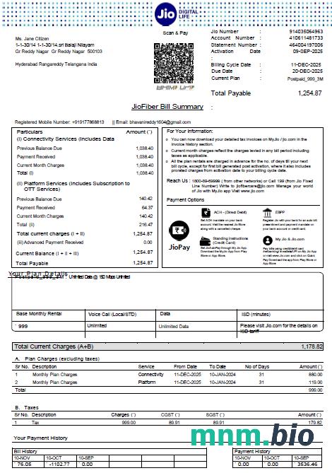 India Jio Digital Life rachunek za media template w formatach Word i PDF, Wersja 4